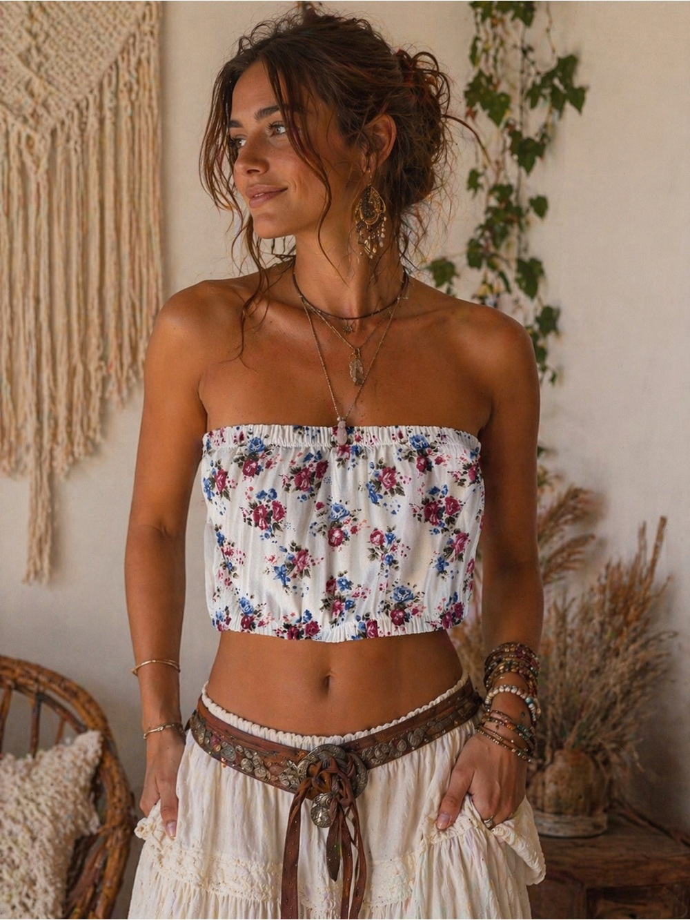 Free People Boho Chic White Floral Smocked Tube Top with Pink & Blue Flowers